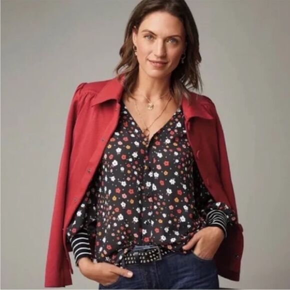 Cabi Women's Cheerful Blouse Sz. Large Floral Print and Striped Cuffs Style 3957 - Picture 2 of 13